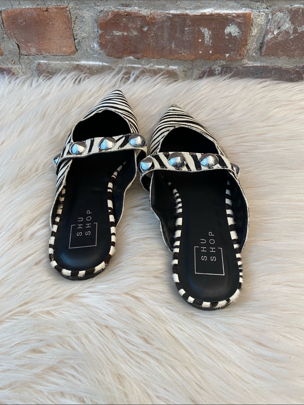 Shu Shop Alma Leather Zebra Hair Studded Pointed Toe Mules, Size 6 - Picture 6 of 16